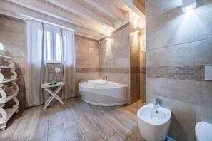 Shower, hair dryer, bidet, towels
