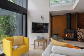 Una sala de estar moderna con televisor, sofá y estufa de leña.