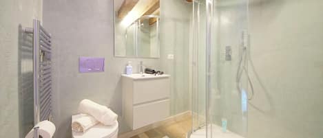 Shower, hair dryer, towels, soap