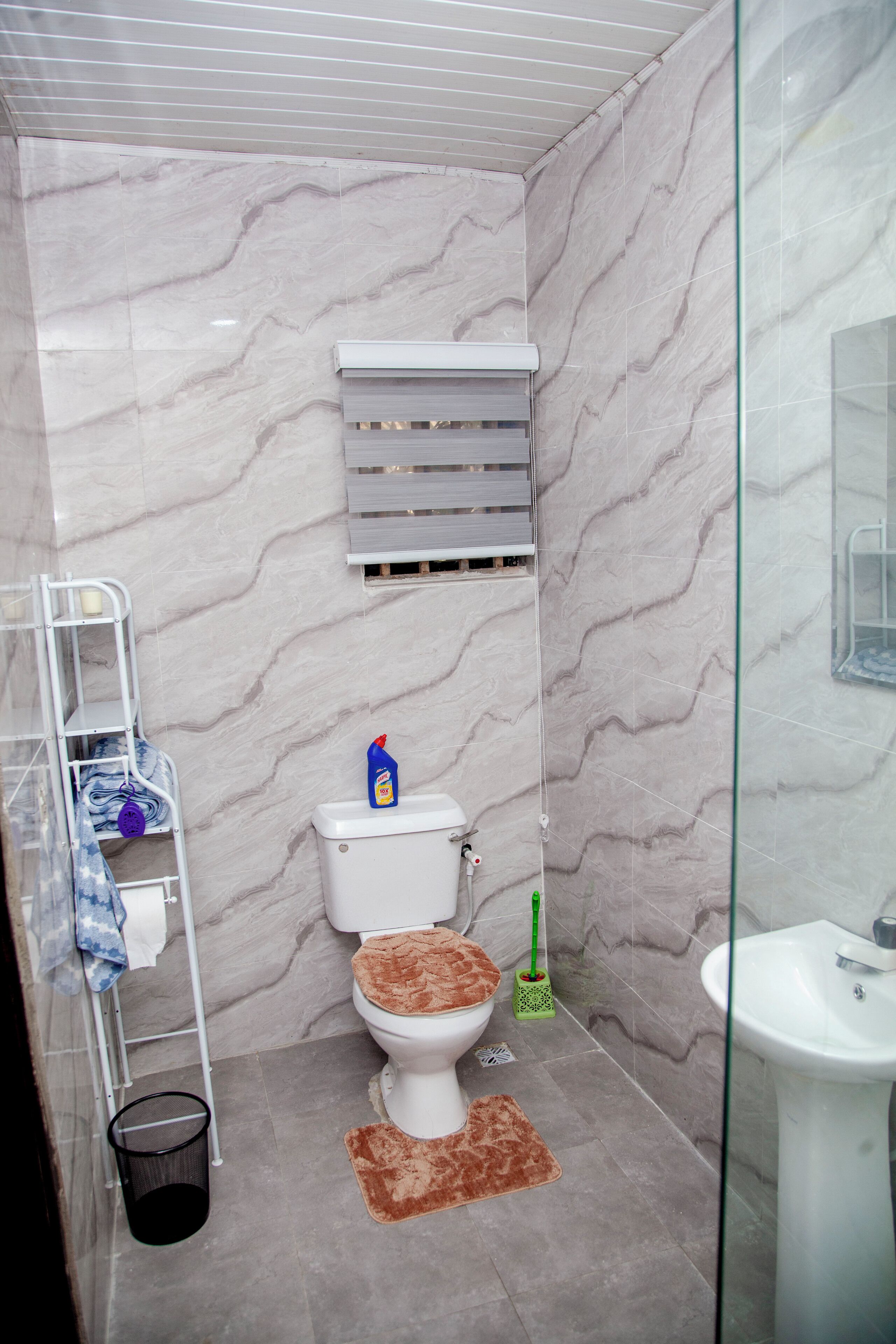 A bathroom with a toilet, a glass shower enclosure, a sink, and a towel rack.