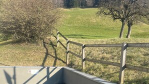 Un pont en béton doté d’une rambarde en bois, qui mène à une zone herbeuse bordée d’arbres.