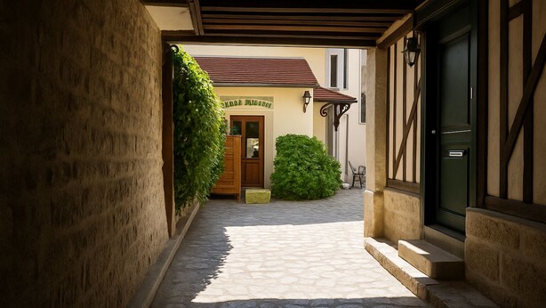 Ein schmaler Kopfsteinpflastergang mit einer Holztür und einem grünen Busch in der Mitte.