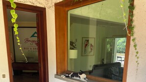 Un gato descansando en el alféizar de una ventana, con vista a una cama y una lámpara en el interior.