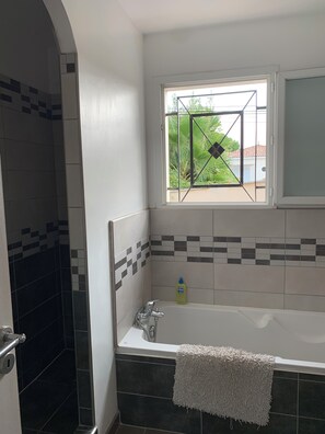 Shower, hair dryer, soap
