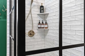 Douche, séchoir à cheveux, serviettes fournies, shampooing