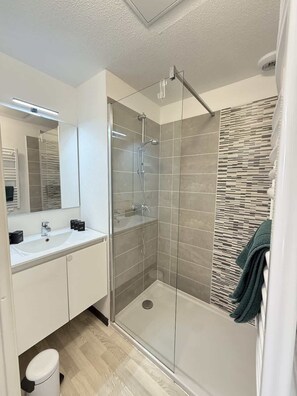 Douche, séchoir à cheveux, serviettes fournies, shampooing