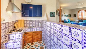 A kitchen with blue and white patterned tiles, a stove, and a sink.