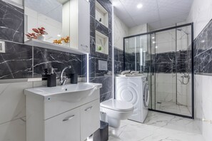 Hair dryer, towels, soap, toilet paper