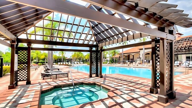 Un área de piscina exterior techada con una pérgola, sillas de descanso y un jacuzzi.