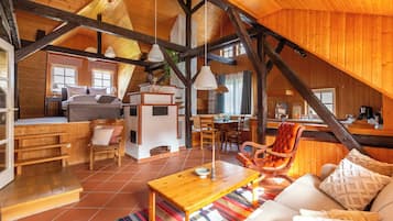 Smart TV, fireplace, books