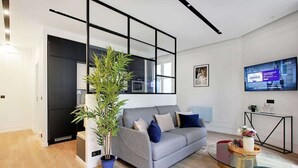 A modern living room with a grey sofa, a glass coffee table, a potted plant, and a flat-screen TV mounted on the wall. - Superb apartment with AC - Center of Paris (Paris)