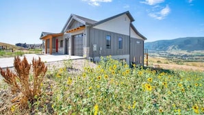 Een modern huis met twee verdiepingen en een garage, omringd door een veld zonnebloemen en droge planten.