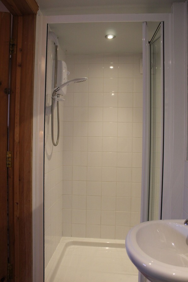 A bathroom with a shower, a sink, and tiled walls. - Henllys Estate B&B (Llandovery)