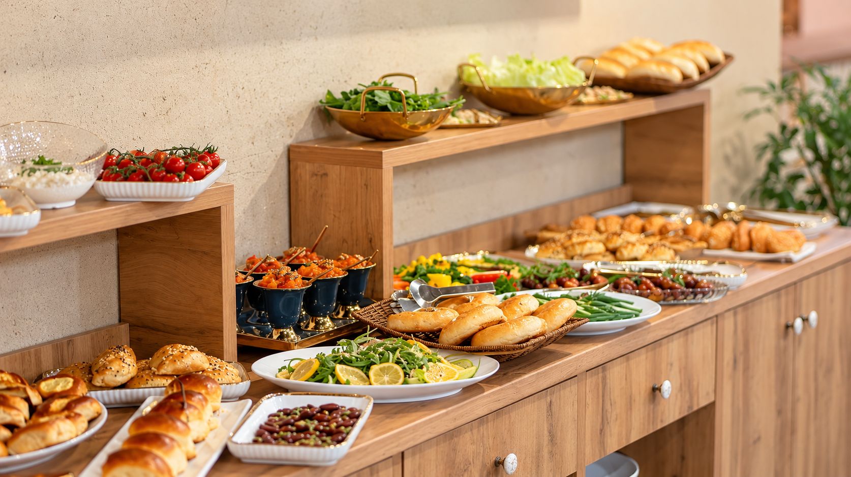 A buffet with various food items and a wooden counter.