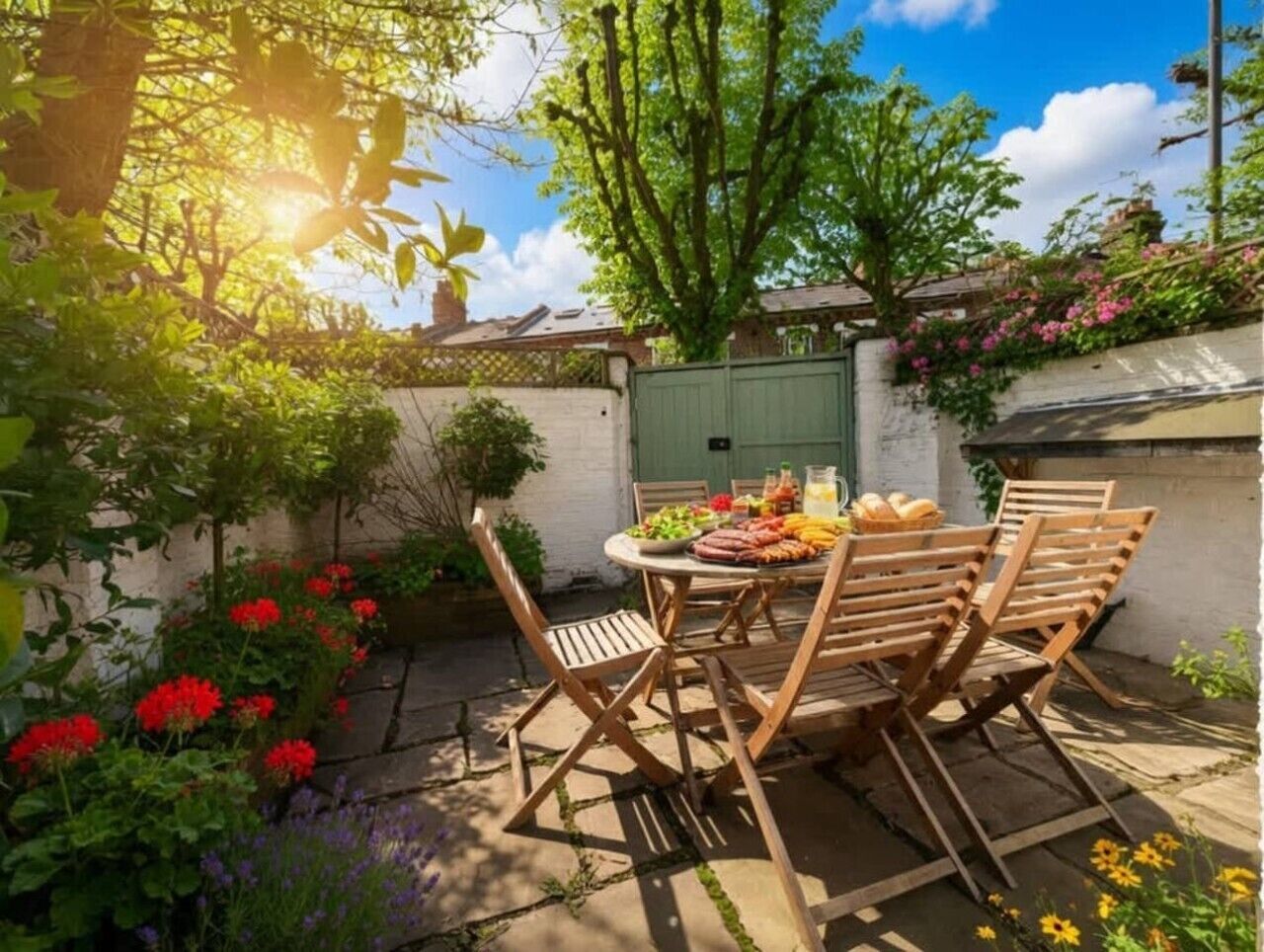 An outdoor patio with a round wooden table and chairs, surrounded by a garden with various plants and flowers.