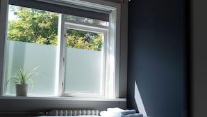 A bedroom with a large window, a radiator, and a potted plant.