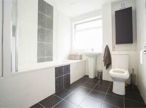 Hair dryer, towels, soap, toilet paper