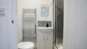 A compact bathroom with a toilet, a white sink, a mirror, and a glass shower enclosure. - Homesly Guest Rooms - 1 Bed Room Apt. (Berwick-upon-Tweed)