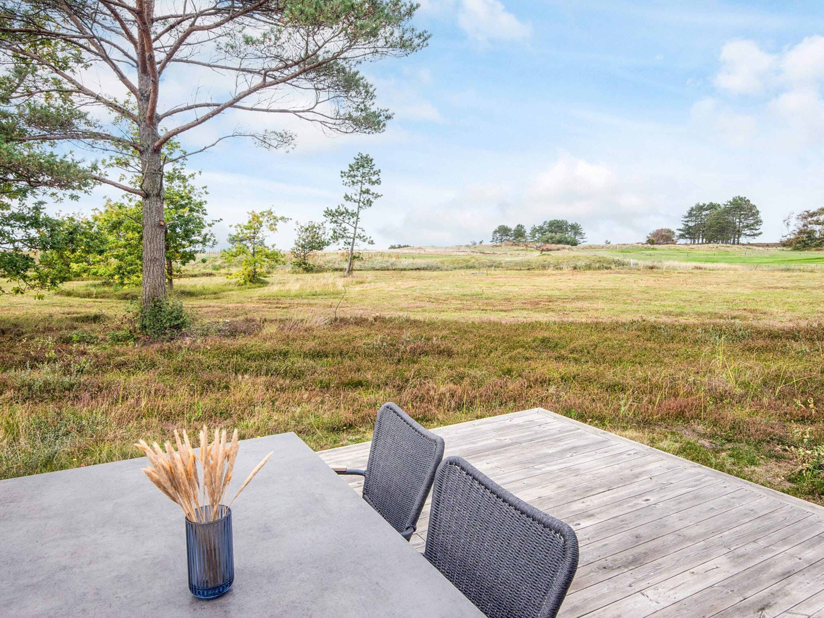 An outdoor dining area with a table and chairs, a vase with dried plants, and a view of a grassy field and trees.
