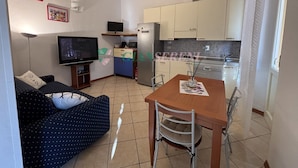 Un espacio habitable pequeño con sofá, televisión, kitchenette y zona de comedor.