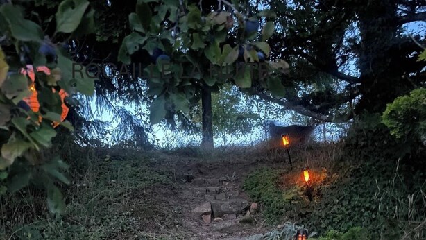A stone pathway with steps leading uphill, surrounded by greenery and lit by lanterns.