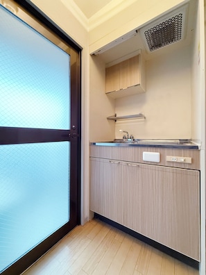 Fridge, microwave, electric kettle