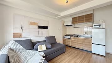 Deluxe Apartment | Private kitchen | Fridge, microwave, electric kettle