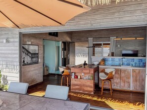 Luxury Bungalow, 1 King Bed, Ocean View, Overwater | Private kitchen | Stovetop, coffee/tea maker, toaster, cookware/dishes/utensils - Coral Bay Bungalows (Bastimentos)