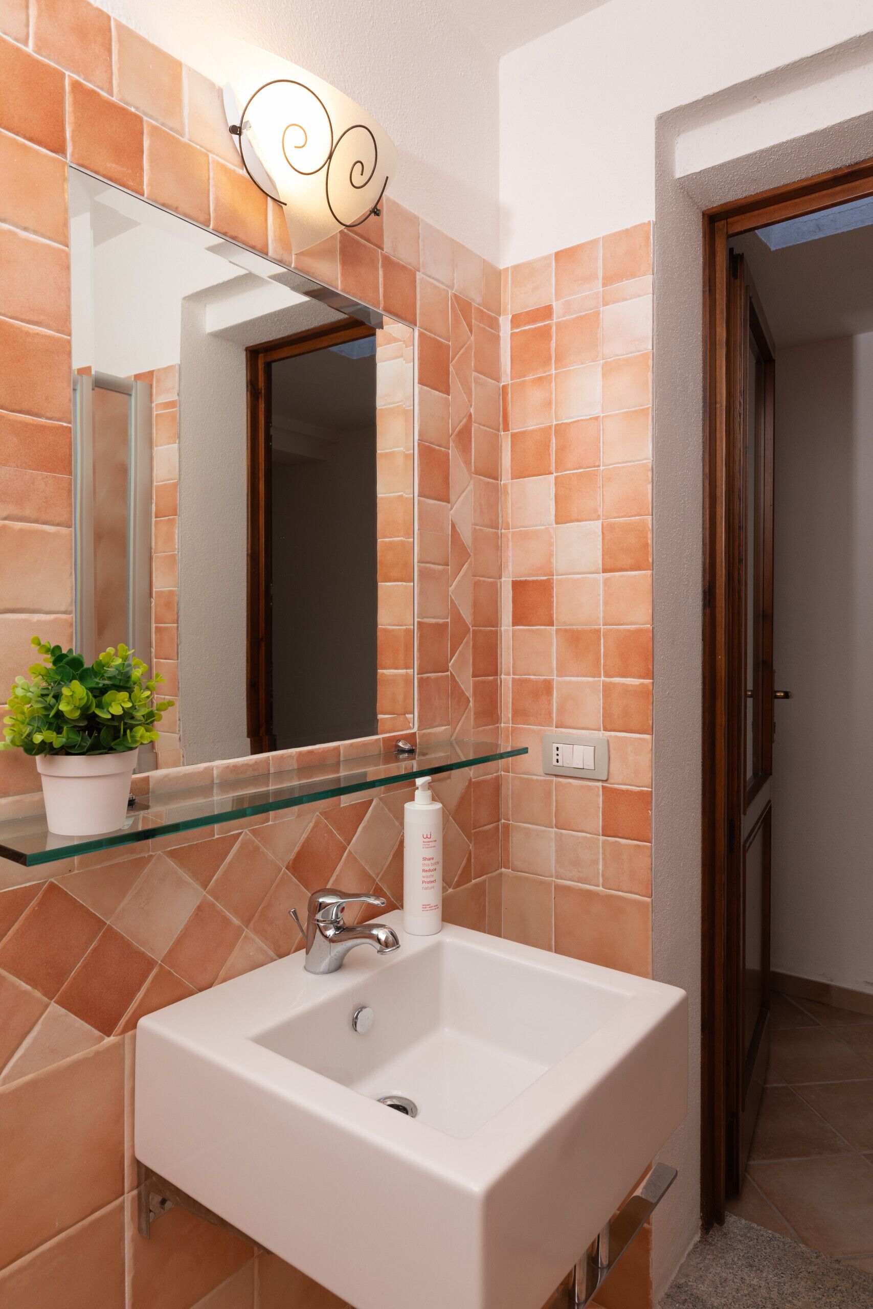 Un baño con un lavamanos blanco, un estante de vidrio con una planta en maceta, y un aplique de pared.
