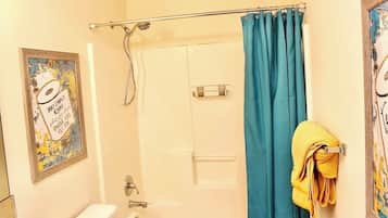 Hair dryer, towels, soap, toilet paper