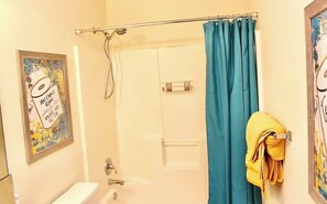 Hair dryer, towels, soap, toilet paper