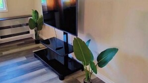 A modern living room with a flat-screen TV on a black stand, wooden flooring, and two potted plants. - Midnight Sun Viewpoint Aurora (Fairbanks)