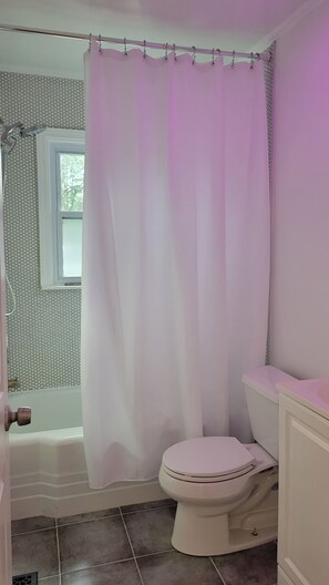 Hair dryer, towels, soap, toilet paper