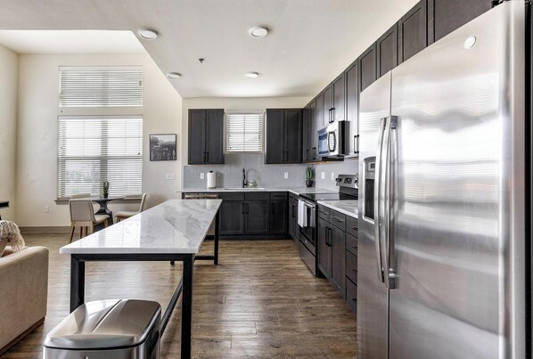 Fridge, dining tables