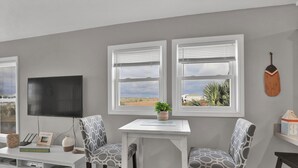 A living room with a TV, two windows with blinds, a small table with a plant, and patterned chairs. - 421 N. New River Units A and B (surf city)
