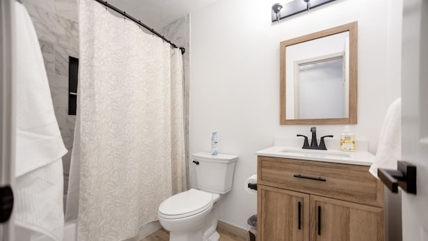 A bathroom with a toilet, a sink, a mirror, and a shower curtain.