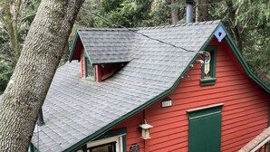A red wooden cabin with a green roof, a white door, and a small window.