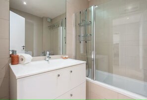 Hair dryer, towels, soap, toilet paper