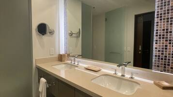 Hair dryer, towels, soap, toilet paper