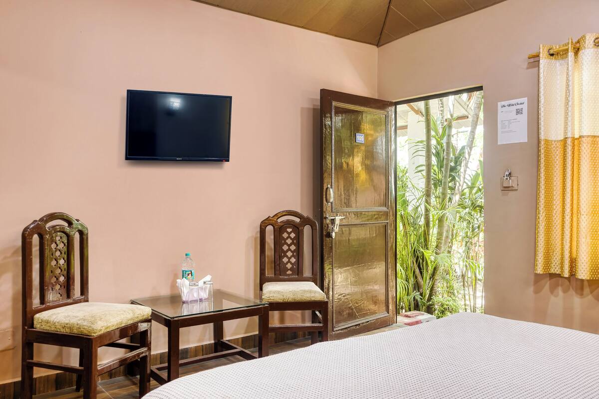 A hotel room with a bed, a TV mounted on the wall, two wooden chairs, a small table with a bottle and tissue box, and a door leading to a balcony with plants.
