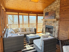 Smart TV, fireplace, books, computer monitors