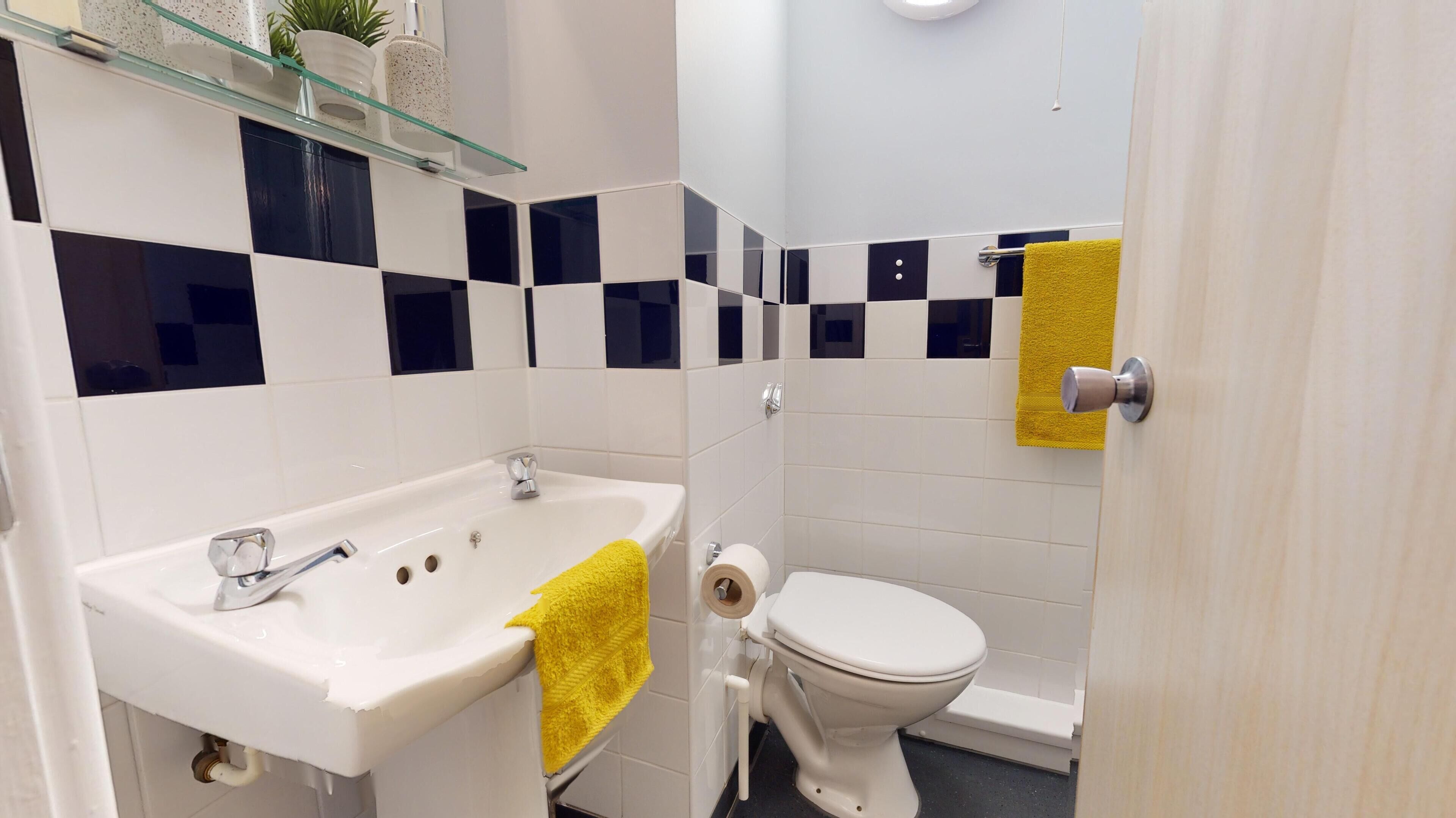 A bathroom with a white sink, a toilet, and a glass shelf above the sink.