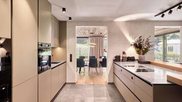 Full-sized fridge, microwave, oven, stovetop