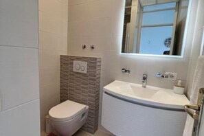 Shower, hair dryer, bidet, towels