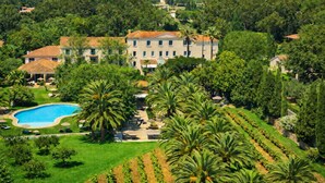 A large building with a swimming pool surrounded by lush greenery and palm trees. - Château de Valmer (La Croix-Valmer)