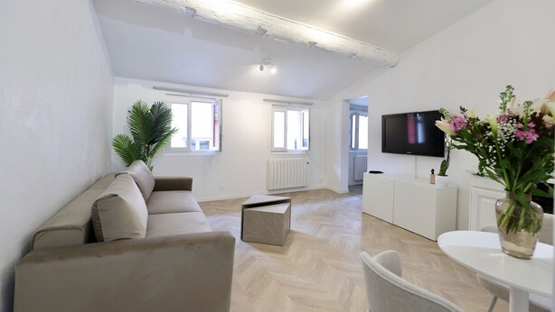 A modern living room with a sofa, a coffee table, and a TV. - Beautiful Apartment in the Old Town - Close to the Sea (Nice)