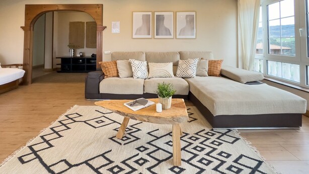 A modern living room with a sofa, a coffee table, and a patterned rug.