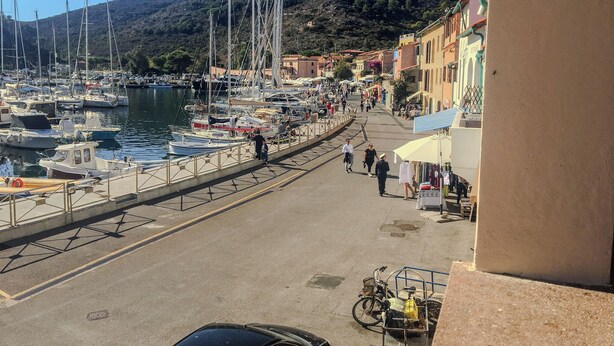 Una marina con barcos amarrados, un paseo peatonal y edificios a lo largo del frente marítimo.