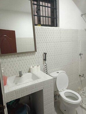 Klassieke studio, uitzicht op stad | Badkamer | Een douche, pantoffels, handdoeken, zeep