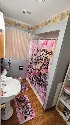 Hair dryer, towels, soap, shampoo